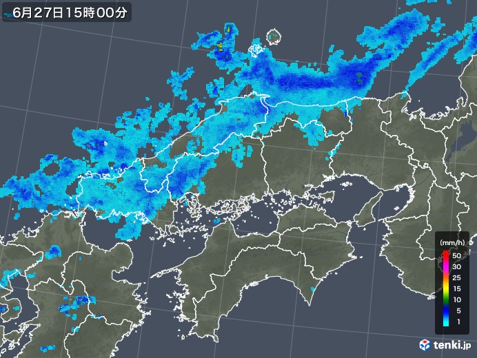 中国地方の雨雲レーダー(2018年06月27日)