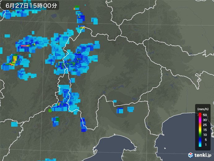 山梨県の雨雲レーダー(2018年06月27日)