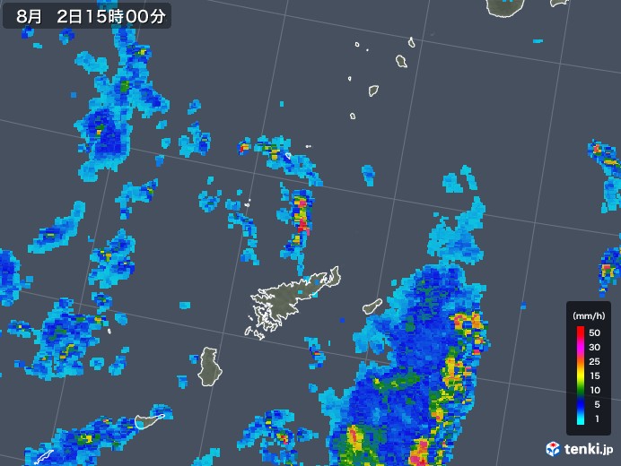 奄美諸島(鹿児島県)の雨雲レーダー(2018年08月02日)