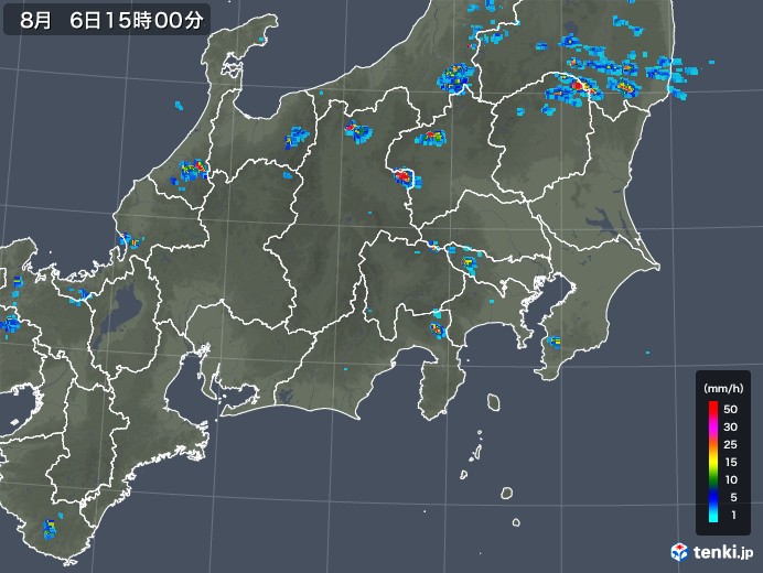 関東・甲信地方の雨雲レーダー(2018年08月06日)