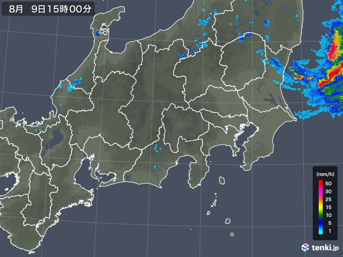 関東・甲信地方の雨雲レーダー(2018年08月09日)