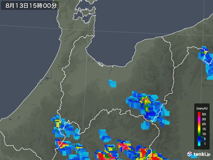 富山県の雨雲レーダー(2018年08月13日)