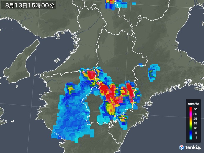 奈良県の雨雲レーダー(2018年08月13日)