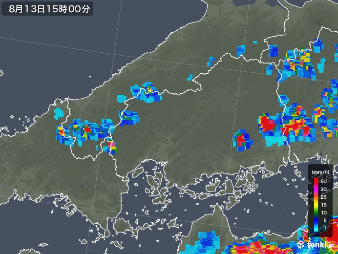 広島県の雨雲レーダー(2018年08月13日)