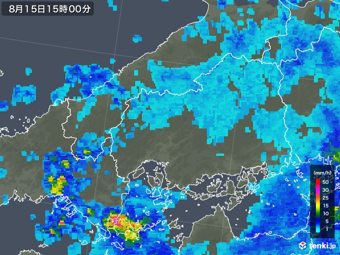 広島県の雨雲レーダー(2018年08月15日)