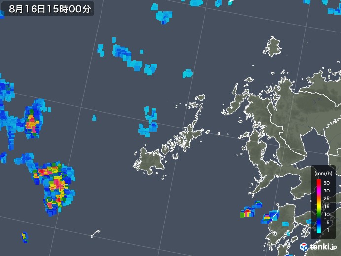 五島列島(長崎県)の雨雲レーダー(2018年08月16日)