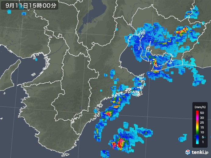 三重県の雨雲レーダー(2018年09月11日)