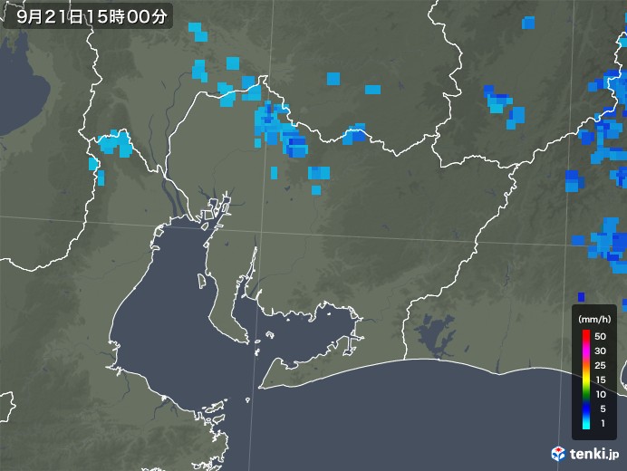愛知県の雨雲レーダー(2018年09月21日)