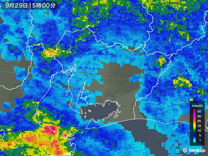 愛知県の雨雲レーダー(2018年09月29日)