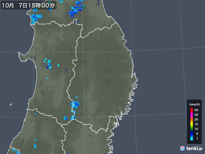 岩手県の雨雲レーダー(2018年10月07日)