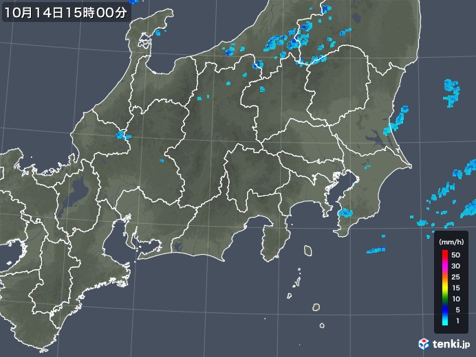 関東・甲信地方の雨雲レーダー(2018年10月14日)