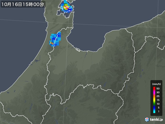富山県の雨雲レーダー(2018年10月16日)