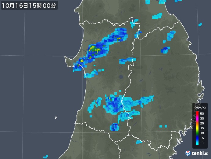 秋田県の雨雲レーダー(2018年10月16日)