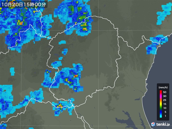 栃木県の雨雲レーダー(2018年10月20日)