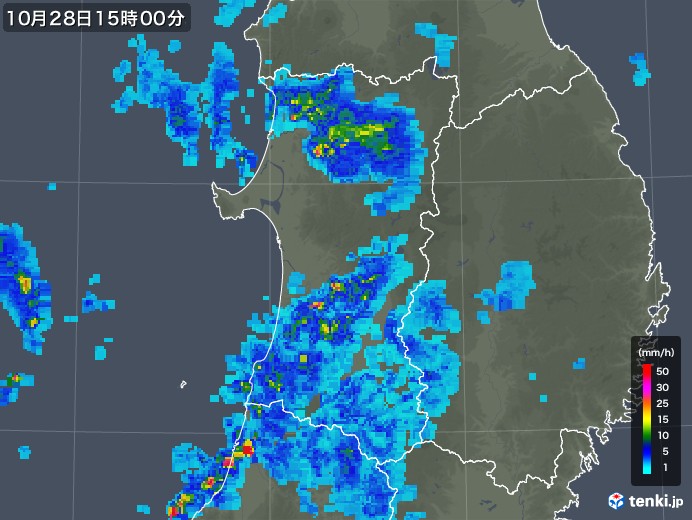 秋田県の雨雲レーダー(2018年10月28日)