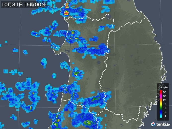 秋田県の雨雲レーダー(2018年10月31日)