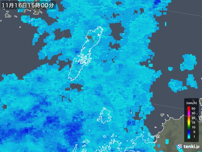 壱岐・対馬(長崎県)の雨雲レーダー(2018年11月16日)