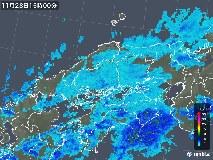 中国地方の雨雲レーダー(2018年11月28日)
