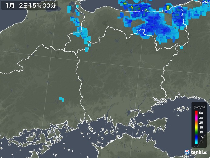 岡山県の雨雲レーダー(2019年01月02日)