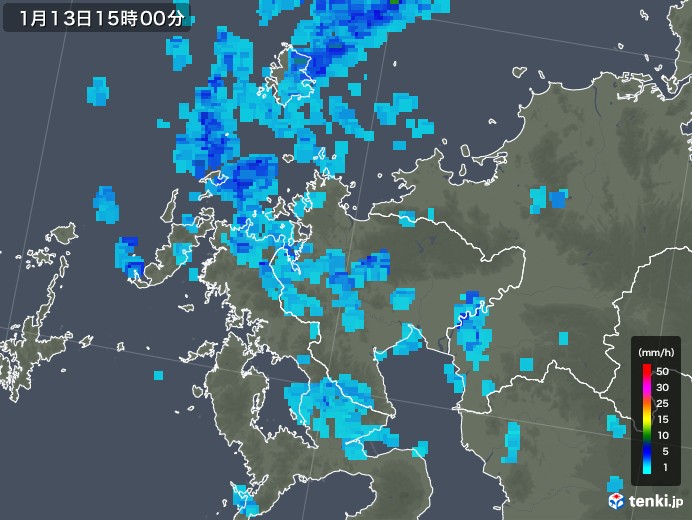 佐賀県の雨雲レーダー(2019年01月13日)