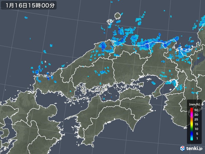 中国地方の雨雲レーダー(2019年01月16日)