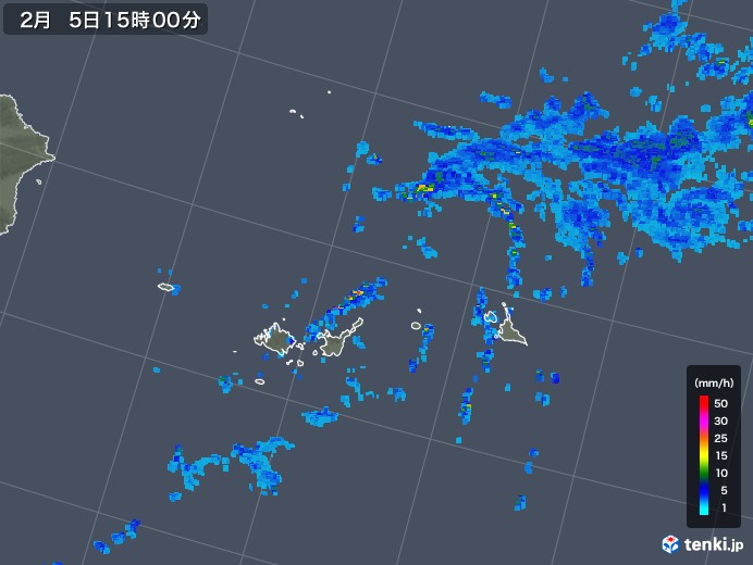 宮古島・石垣・与那国(沖縄県)の雨雲の動き(2019年02月05日)