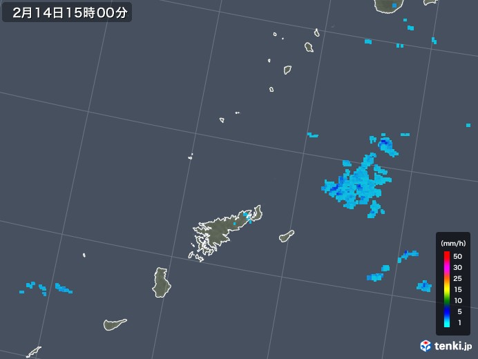 奄美諸島(鹿児島県)の雨雲レーダー(2019年02月14日)