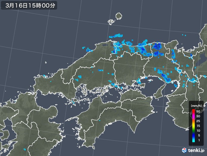 中国地方の雨雲レーダー(2019年03月16日)