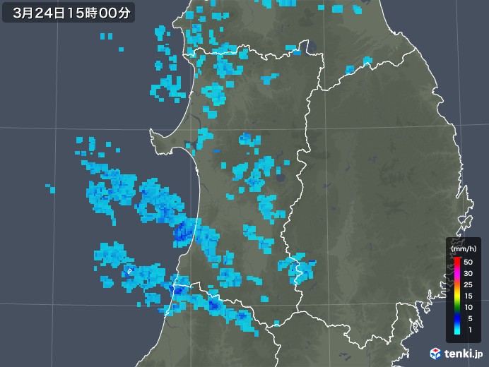 秋田県の雨雲レーダー(2019年03月24日)