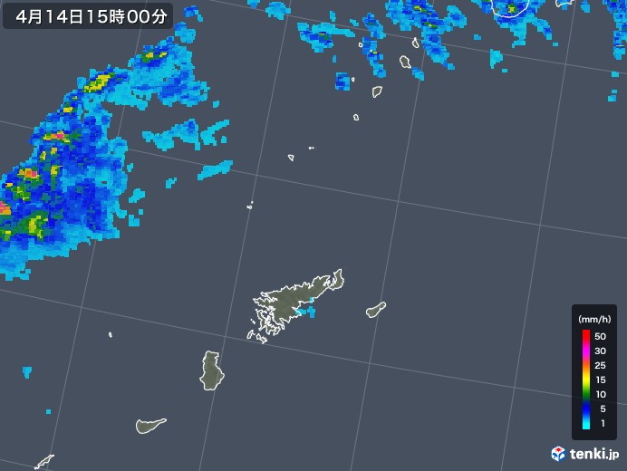 奄美諸島(鹿児島県)の雨雲レーダー(2019年04月14日)