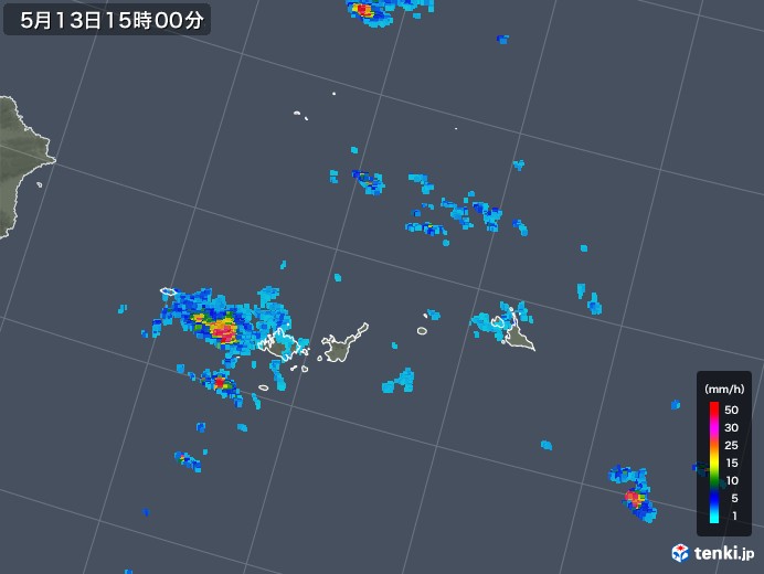 宮古島・石垣・与那国(沖縄県)の雨雲の動き(2019年05月13日)