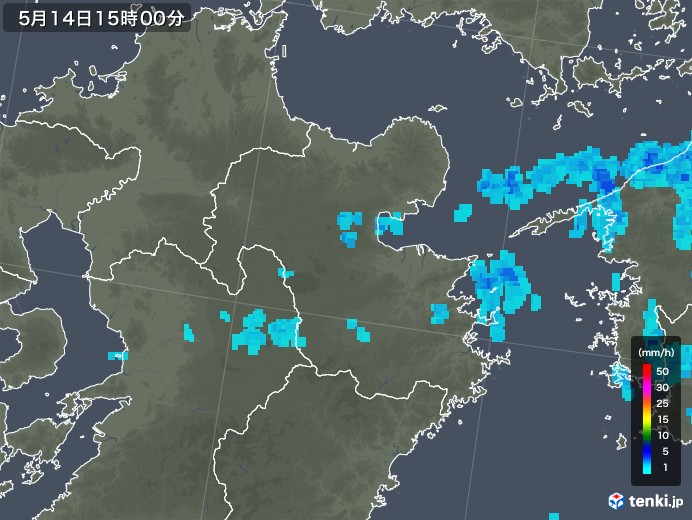 大分県の雨雲の動き(2019年05月14日)