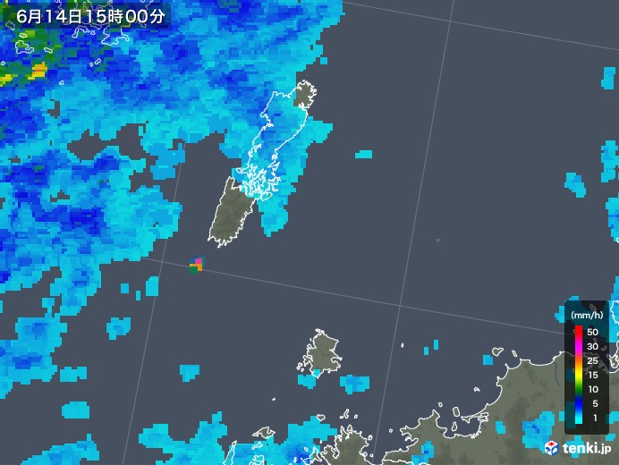 壱岐・対馬(長崎県)の雨雲レーダー(2019年06月14日)
