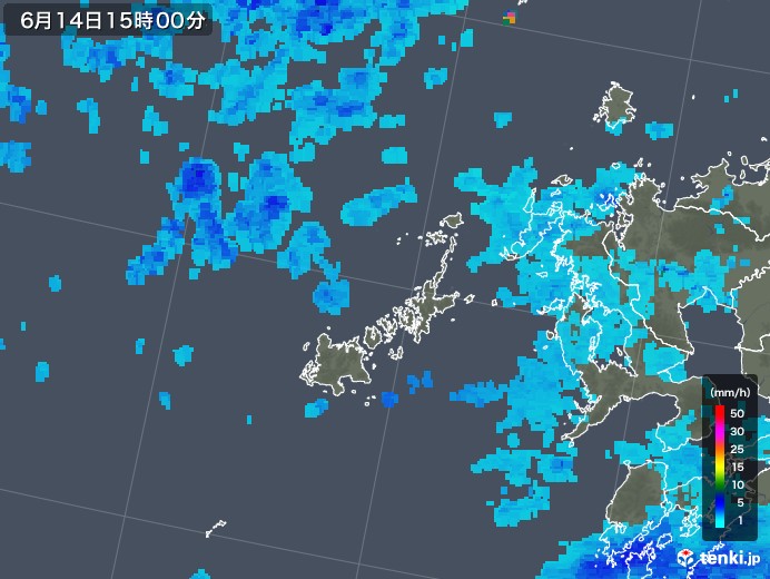五島列島(長崎県)の雨雲レーダー(2019年06月14日)