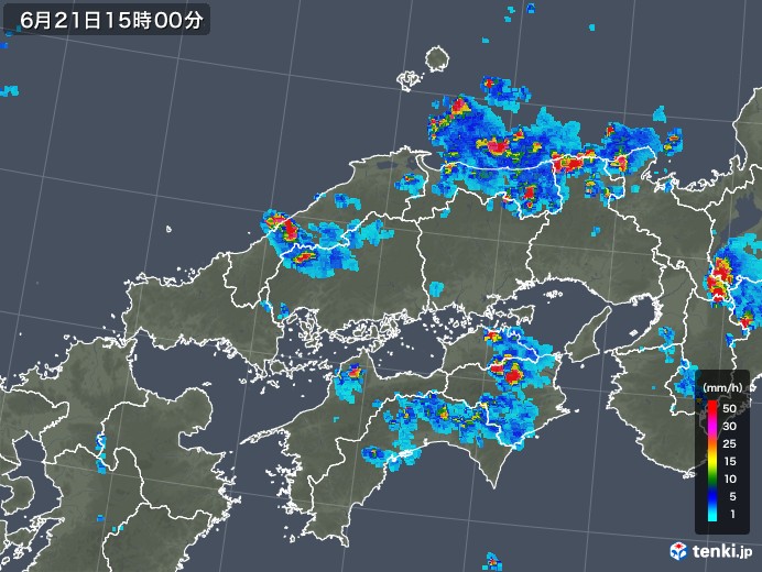 中国地方の雨雲レーダー(2019年06月21日)