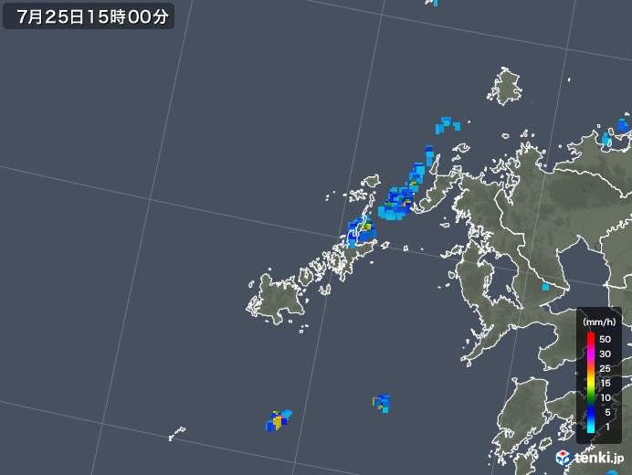 五島列島(長崎県)の雨雲レーダー(2019年07月25日)