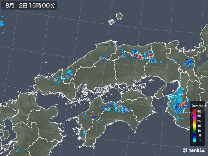 中国地方の雨雲レーダー(2019年08月02日)