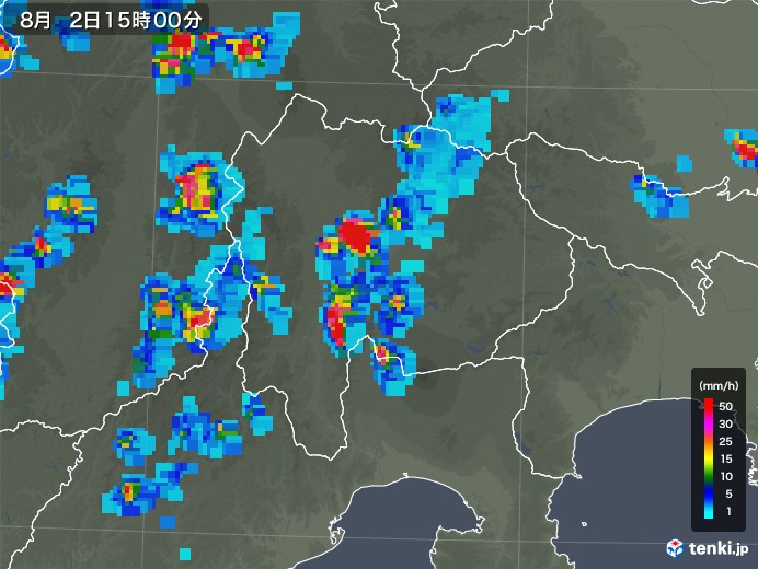 山梨県の雨雲レーダー(2019年08月02日)