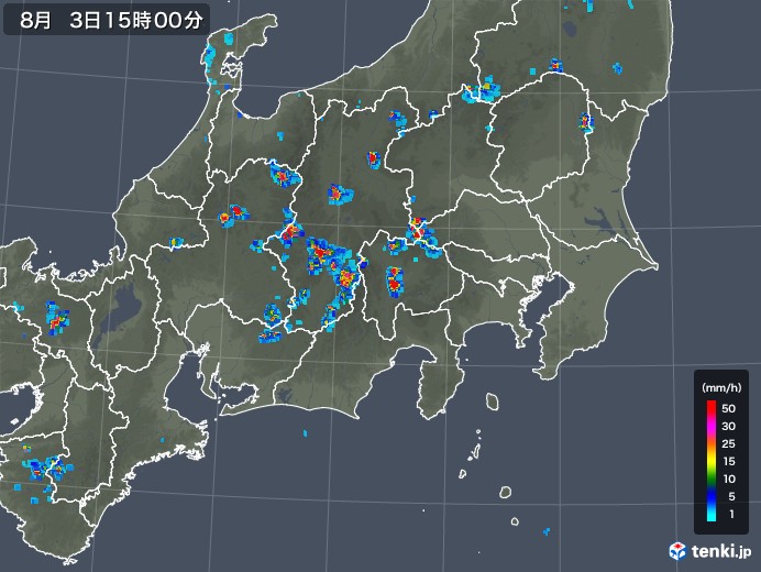 関東・甲信地方の雨雲レーダー(2019年08月03日)