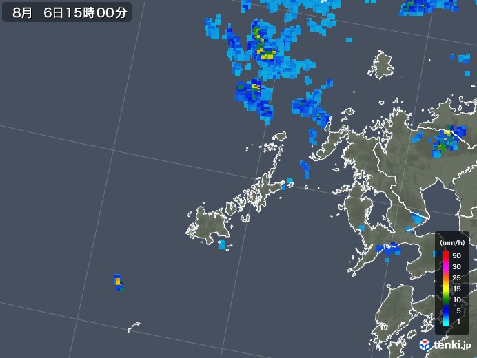 五島列島(長崎県)の雨雲レーダー(2019年08月06日)
