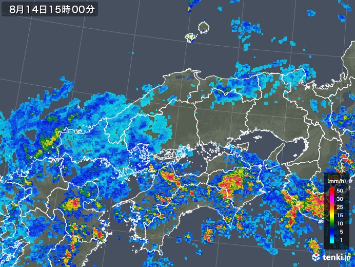 中国地方の雨雲レーダー(2019年08月14日)