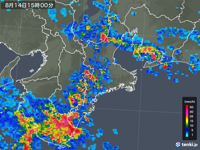 三重県の雨雲レーダー(2019年08月14日)