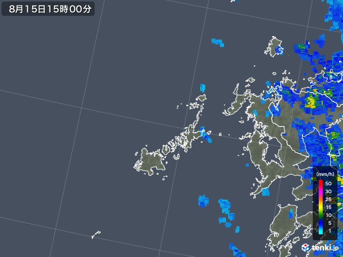 五島列島(長崎県)の雨雲レーダー(2019年08月15日)