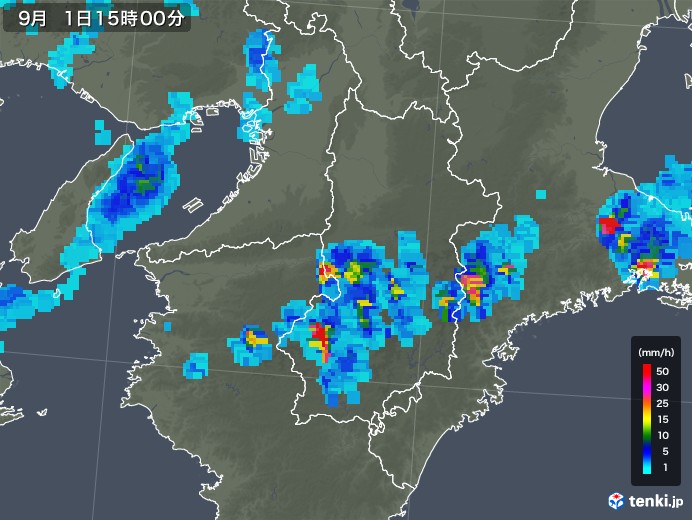 奈良県の雨雲レーダー(2019年09月01日)