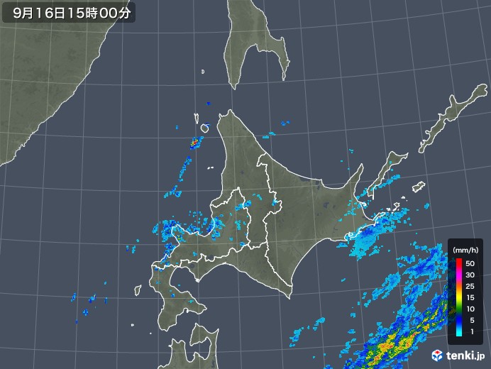 北海道地方の雨雲レーダー(2019年09月16日)