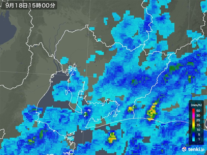 愛知県の雨雲レーダー(2019年09月18日)