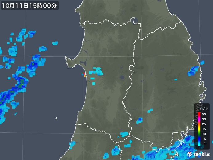 秋田県の雨雲レーダー(2019年10月11日)