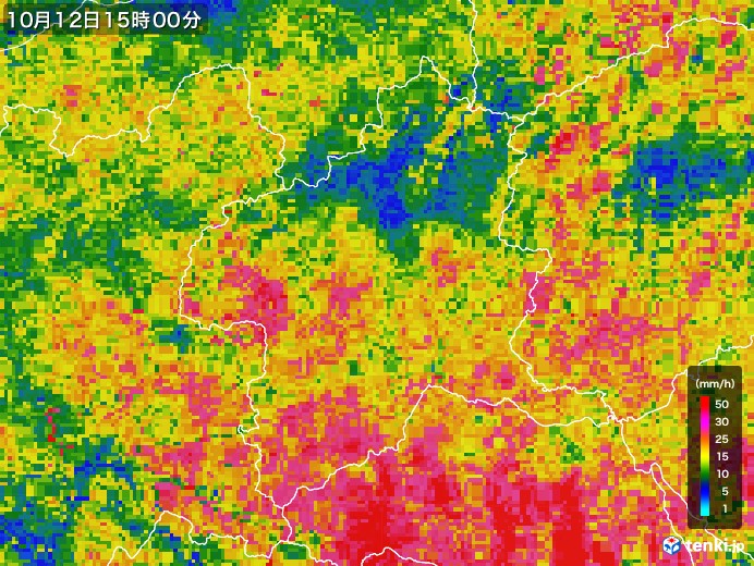 群馬県の雨雲レーダー(2019年10月12日)