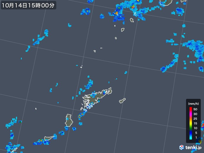 奄美諸島(鹿児島県)の雨雲レーダー(2019年10月14日)