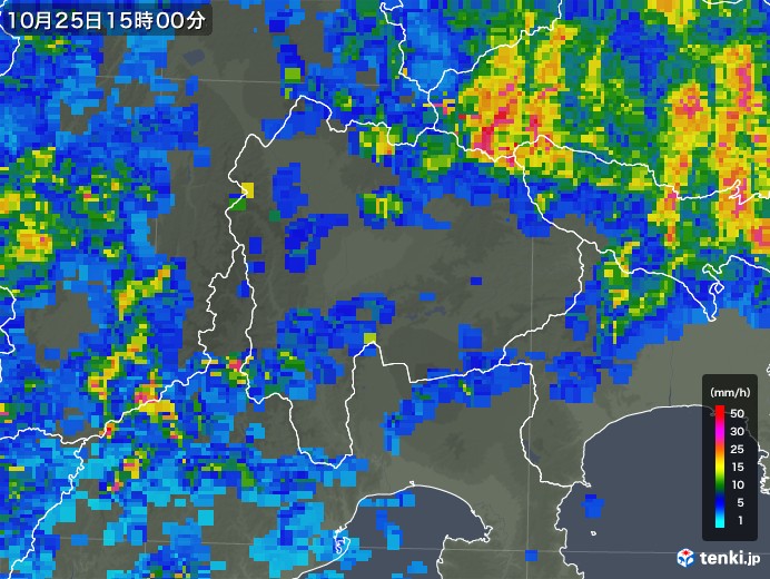 山梨県の雨雲レーダー(2019年10月25日)